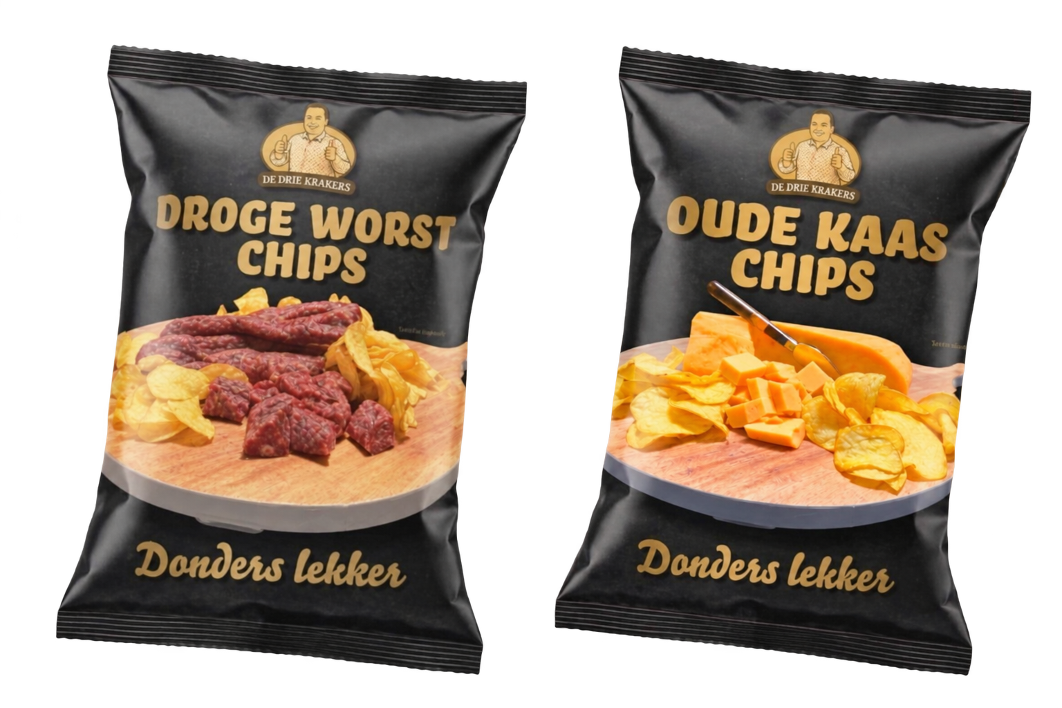 Drogeworstchips en oudekaaschips van De Drie Krakers